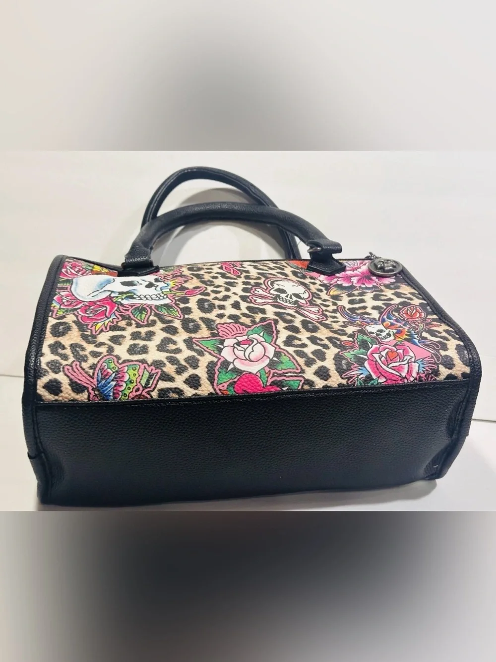 Ed Hardy Floral Skull Leopard Print Satchel - Handbag